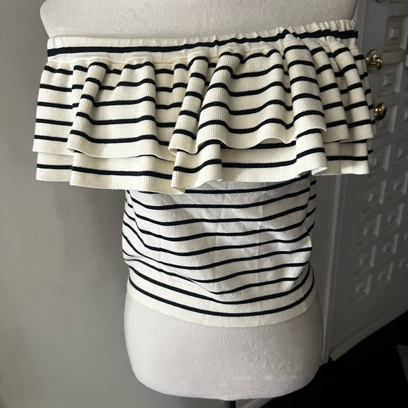 J. Crew Off The Shoulder Ruffle Knit Sweater Top. Cream & navy stripe. Size S. - Picture 4 of 8